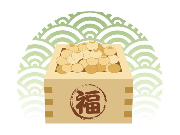 Vecteur gratuit lucky beans dans un récipient en bois carré pour le festival japonais setsubun