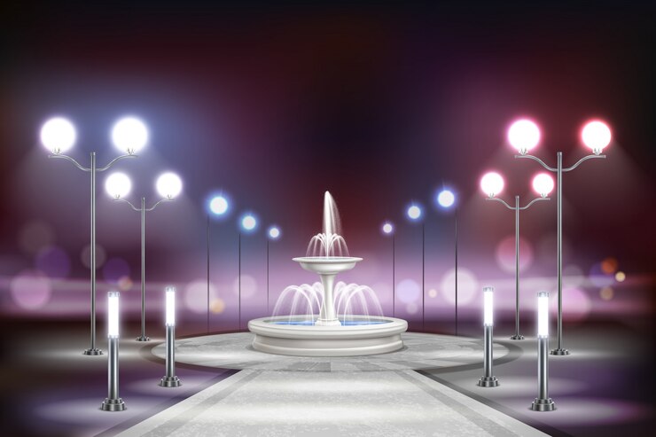 Vecteur gratuit lumières de rue composition réaliste avec carré avec une grande fontaine blanche à l'illustration de la rue