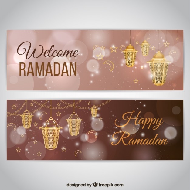 Vecteur gratuit lumineux bannières bokeh de ramadan avec des lanternes d'or