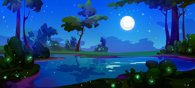 Vecteur gratuit lune dans le ciel nocturne au-dessus du fond de dessin animé du lac forestier réflexion d'étoile dans l'eau de l'étang avec une belle vue panoramique sur l'horizon clair de lune magique avec photo de jeu de nature paisible de luciole la nuit