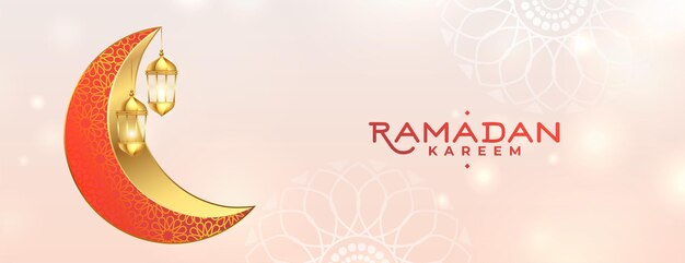 Vecteur gratuit lune décorative dorée avec bannière de lanterne islamique ramadan kareem