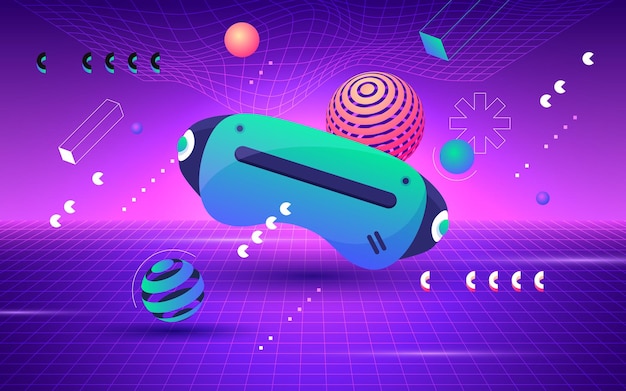 Vecteur gratuit lunettes vr concept metaverse pour les jeux avec des objets flottant sur fond violet réalité virtuelle future technologie numérique illustration vectorielle vie futuriste et appareil moderne