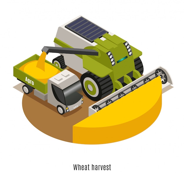 Machines de récolte de blé avec robotique agricole automatisée combinent la composition ronde isométrique de la batteuse sur fond blanc