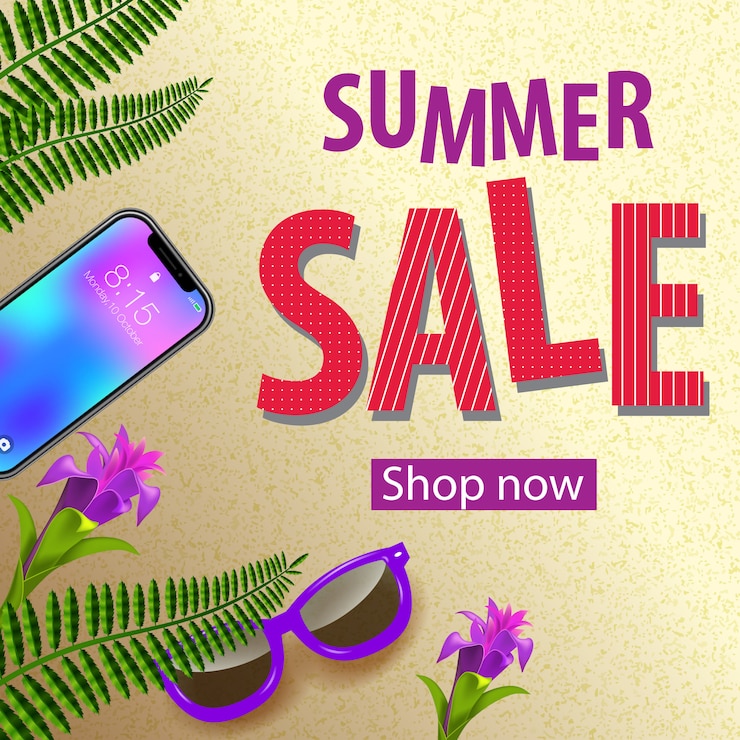 Vecteur gratuit magasin de vente d'été maintenant flyer avec fleurs tropicales violettes, lunettes de soleil, feuilles de fougère