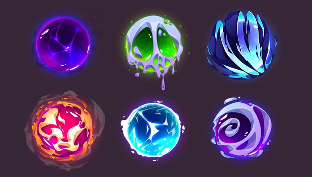 Magie fortune énergie boule de verre lumière vecteur ensemble cristal sphère lueur icône en vert violet et orange mystère magicien futur prédiction caissier ui jeu illustration isolé toxique sorcellerie objet