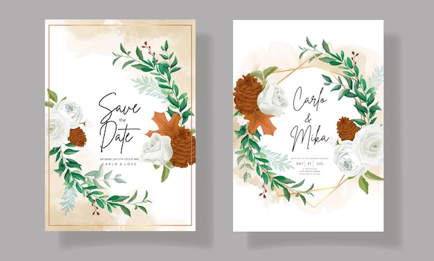 Magnifique carte d'invitation de mariage sertie de feuilles de verdure rose blanche et fleur de pin