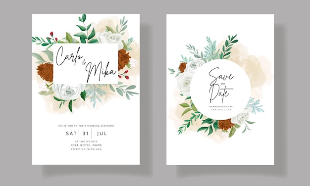 Magnifique Carte D'invitation De Mariage Sertie De Feuilles De Verdure Rose Blanche Et Fleur De Pin