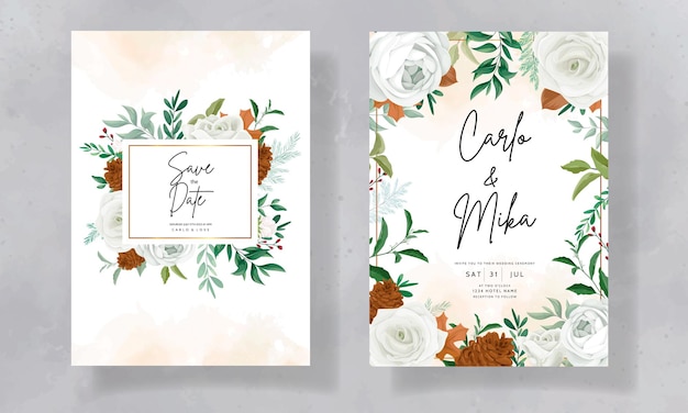 Magnifique Carte D'invitation De Mariage Sertie De Feuilles De Verdure Rose Blanche Et Fleur De Pin