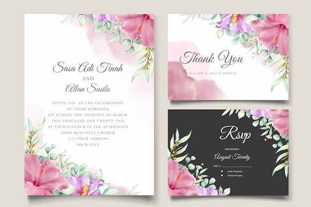 Magnifique ensemble de cartes d'invitation de mariage roses et lys dessinés à la main