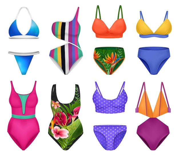 Vecteur gratuit maillot de bain féminin réaliste serti d'icônes isolées de pantalons et de soutiens-gorge colorés avec diverses images d'illustration vectorielle