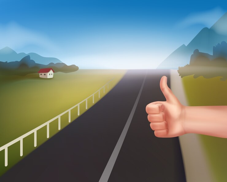 Vecteur gratuit main, de, auto-stop, homme, à, route montagne rurale