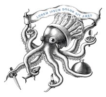Vecteur gratuit la main de conception de logo de chef de poulpe dessiner des cliparts noir et blanc de style de gravure vintage