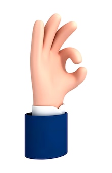 Main de dessin animé faisant un geste ok isolé sur fond blanc. la main dans le style cartoon montre un signe ok. illustration vectorielle.