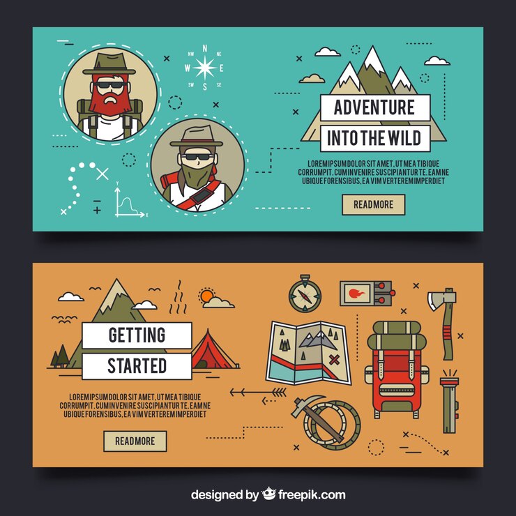 Vecteur gratuit main dessiné bannières aventure dans le style linéaire