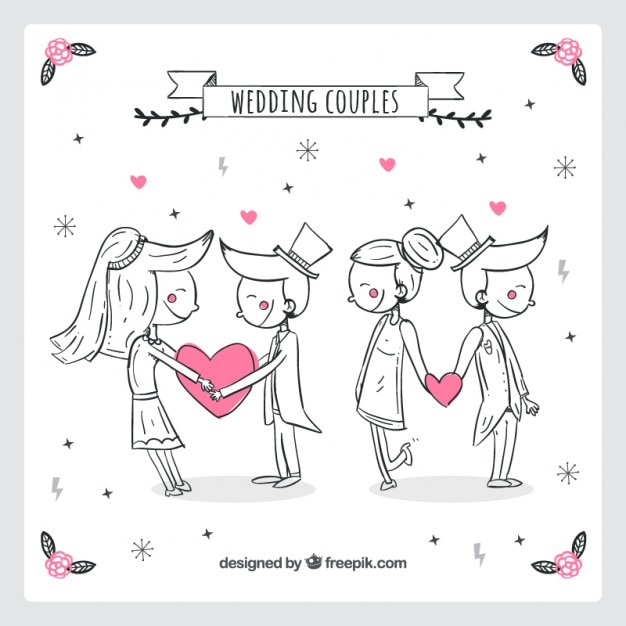 Vecteur gratuit main dessiné beaux couples de mariage avec des coeurs