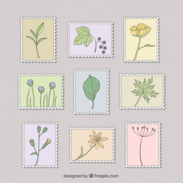 Vecteur gratuit main dessiné plantes timbres mis