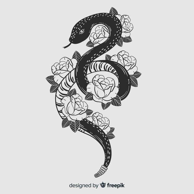 Main dessiné serpent sans couleur avec fond de fleurs