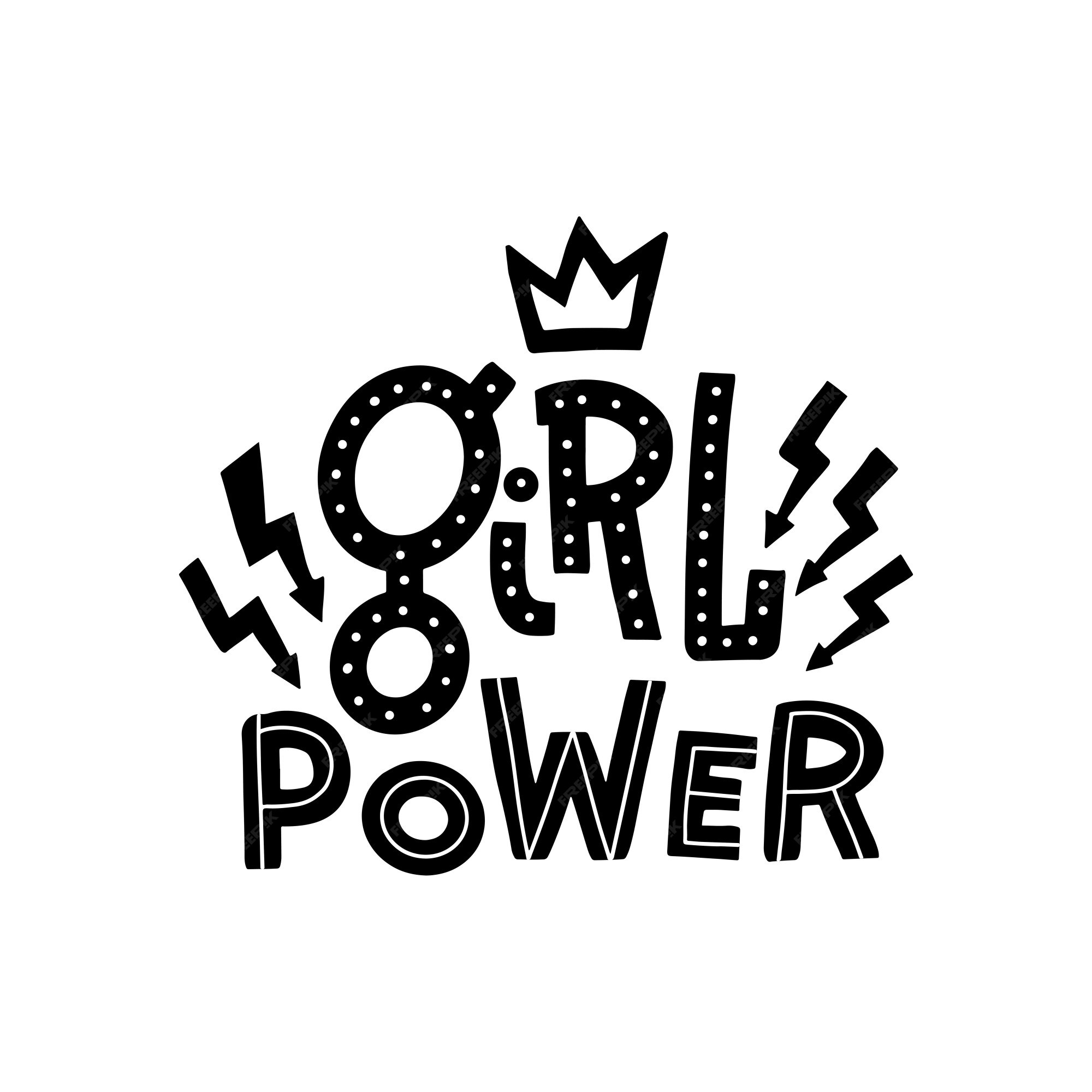 Main Dessinee Citation Girl Power Decoree Avec Le Signe De L Eclair Et La Couronne Vecteur Premium