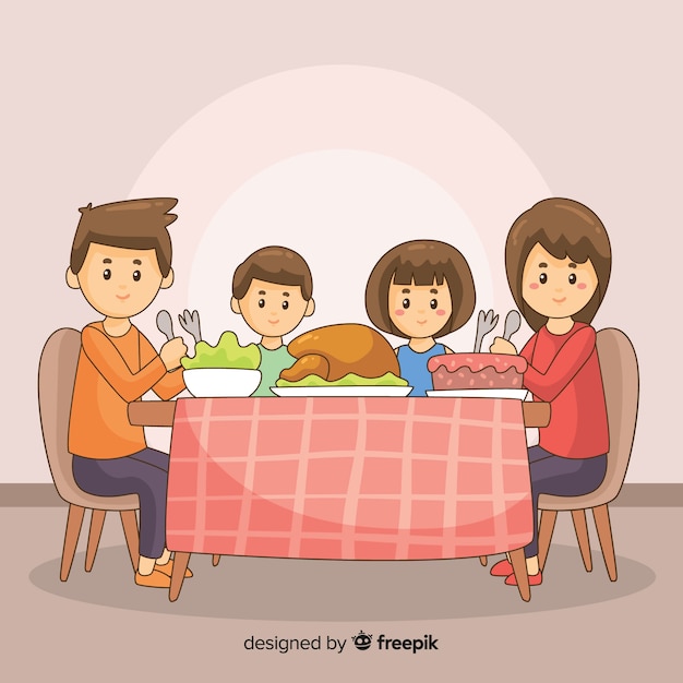 Vecteur gratuit main dessinée famille assis autour d'une illustration de la table