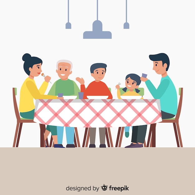 Vecteur gratuit main dessinée famille assis autour d'une illustration de la table