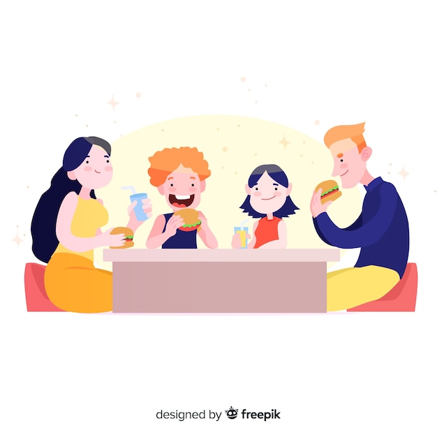 Main Dessinée Famille Assis Autour D'une Table