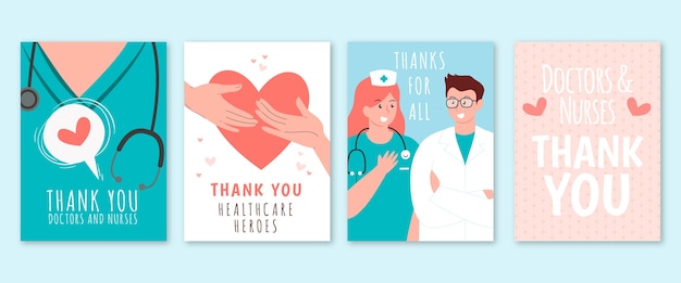 Vecteur gratuit main dessinée merci collection de cartes postales médecins et infirmières