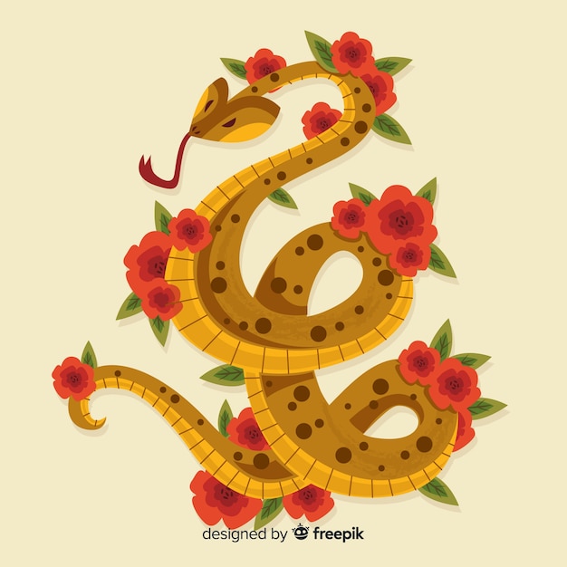 Vecteur gratuit main dessinée serpent avec fond de fleurs