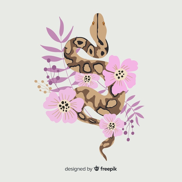 Main dessinée serpent avec fond de fleurs