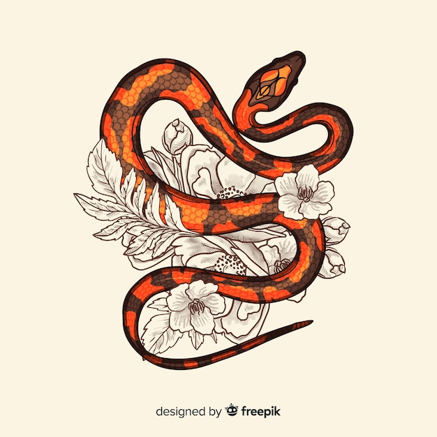 Main Dessinée Serpent Avec Fond De Fleurs