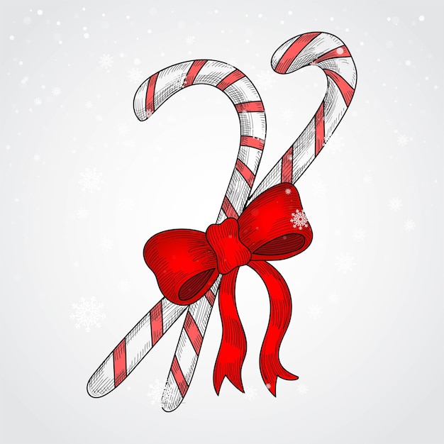 Vecteur gratuit main dessiner canne en bonbon de noël avec carte arc rouge