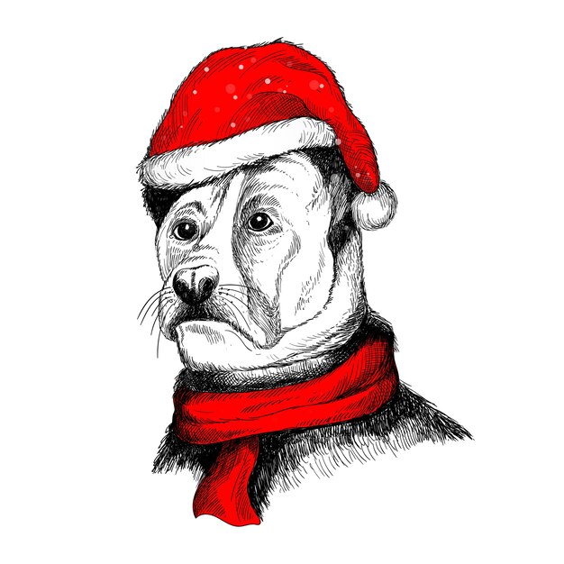 Main dessiner un chien en bonnet de Noel pour carte de joyeux Noël