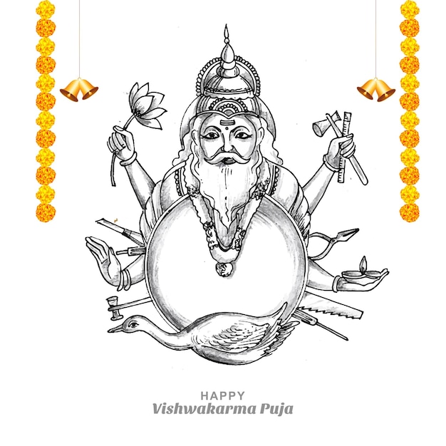 Vecteur gratuit main dessiner le croquis du dieu hindou vishwakarma et la conception de la célébration vishwakarma puja