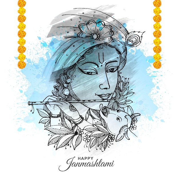 Main dessiner croquis seigneur krishna en arrière-plan de célébration de janmashtami heureux