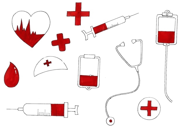 Vecteur gratuit main dessiner des éléments médicaux croquis journée mondiale du donneur de sang