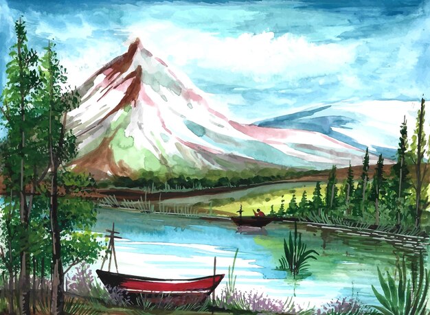 Main dessiner fond aquarelle de scène de paysage de printemps