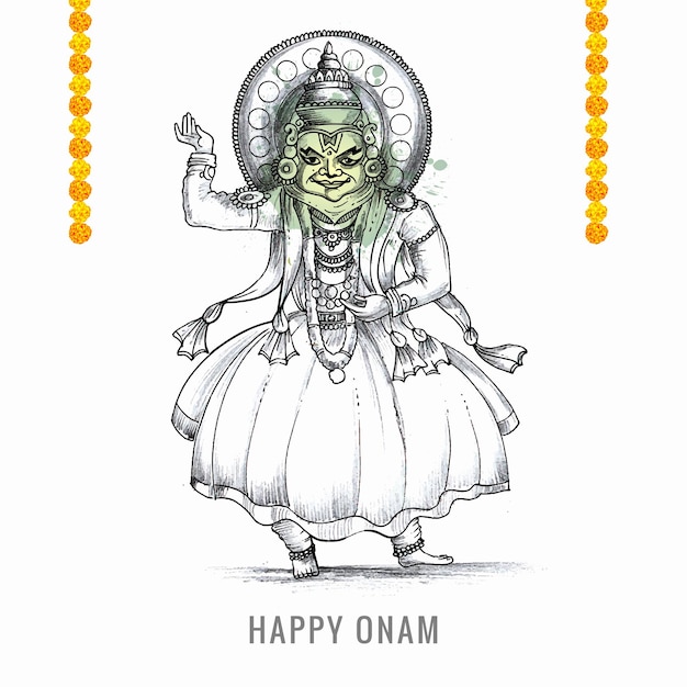 Vecteur gratuit main dessiner happy onam festival de l'inde du sud sur la conception de croquis de vacances de carte