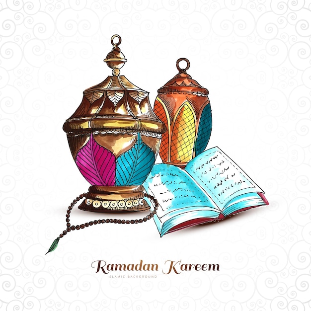 Vecteur gratuit main dessiner des lampes arabes fond de carte de voeux ramadan kareem