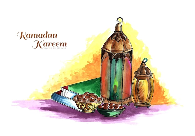 Main dessiner des lampes arabes fond de carte de voeux ramadan kareem