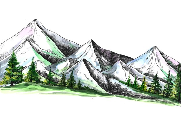 Main dessiner paysage coloré croquis fond aquarelle de montagne