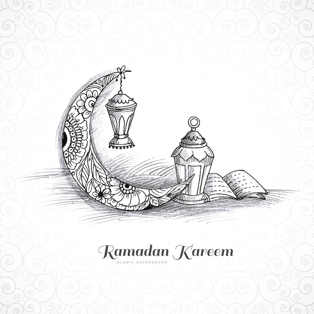 Main dessiner ramadan kareem lampe islamique et conception de carte de croquis de lune