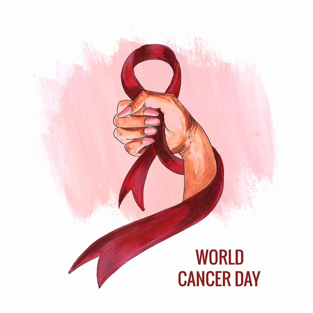 Main de femme avec ruban comme symbole de l'arrière-plan de la journée mondiale du cancer