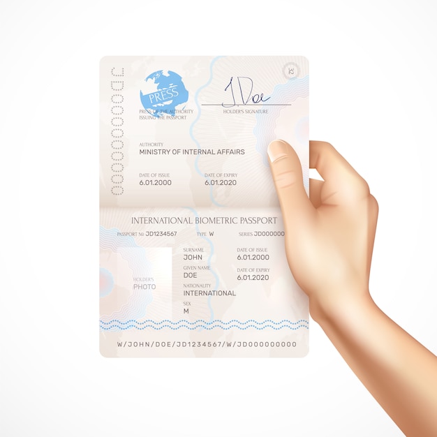 Main De L'homme Tenant La Maquette Du Passeport Biométrique International Avec La Date De Délivrance Et D'expiration, La Signature Des Titulaires Et Le Nom De L'autorité Délivrant Le Passeport Réaliste