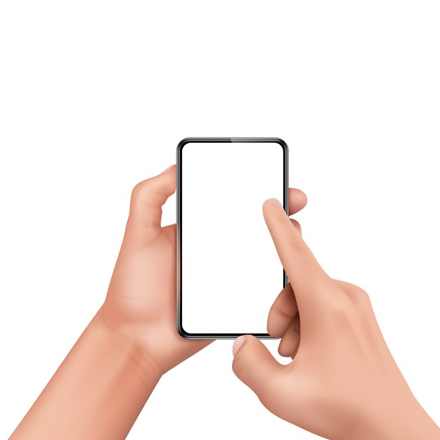 Main humaine réaliste 3d tenant smartphone et écran tactile.