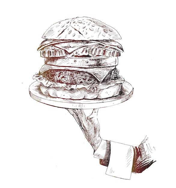 Vecteur gratuit main humaine tenant une assiette de concept de burger affamé illustration vectorielle de croquis dessinés à la main