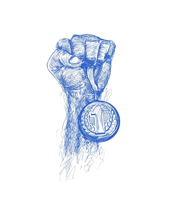 Vecteur gratuit main levée et tenant la médaille d'or award of victory sketch vector illustration