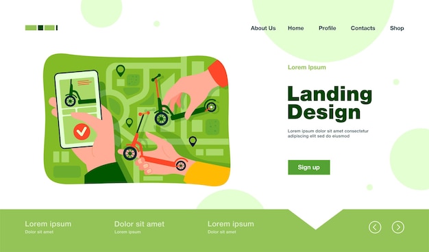 Vecteur gratuit main de personne utilisant la location de scooter ou l'application de partage avec le plan de la ville sur la page de destination du smartphone dans un style plat