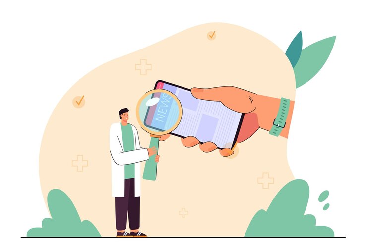 Vecteur gratuit main avec téléphone portable pour rechercher des nouvelles médicales. petit médecin tenant une illustration vectorielle plane de loupe. dernières nouvelles, concept de publication pour bannière, conception de site web ou page web de destination