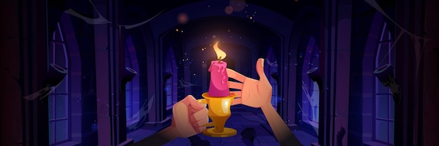 Vecteur gratuit la main tenant une bougie dans le couloir du château médiéval intérieur du palais fantastique sombre avec la lumière de la flamme brûlante fond d'halloween dessin animé effrayant et mystérieux illustration de conte de fées avec des étincelles