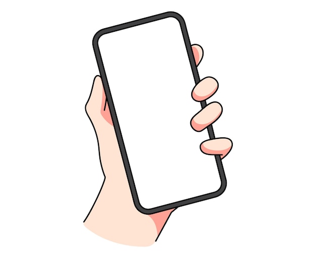 Main tenant le concept de téléphone portable smartphone illustration d'art de dessin animé dessinés à la main