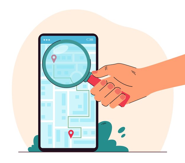 Main tenant la loupe devant le téléphone avec la carte de la ville à l'écran. Application mobile avec route vers l'illustration vectorielle plane de destination. Navigation, transport, concept technologique pour bannière